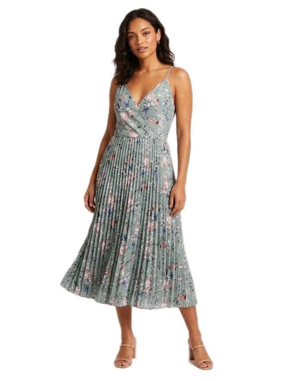 Womens Midi Sundress Dress Large Green Floral Crossover Pleated Back Zip V-Neck
